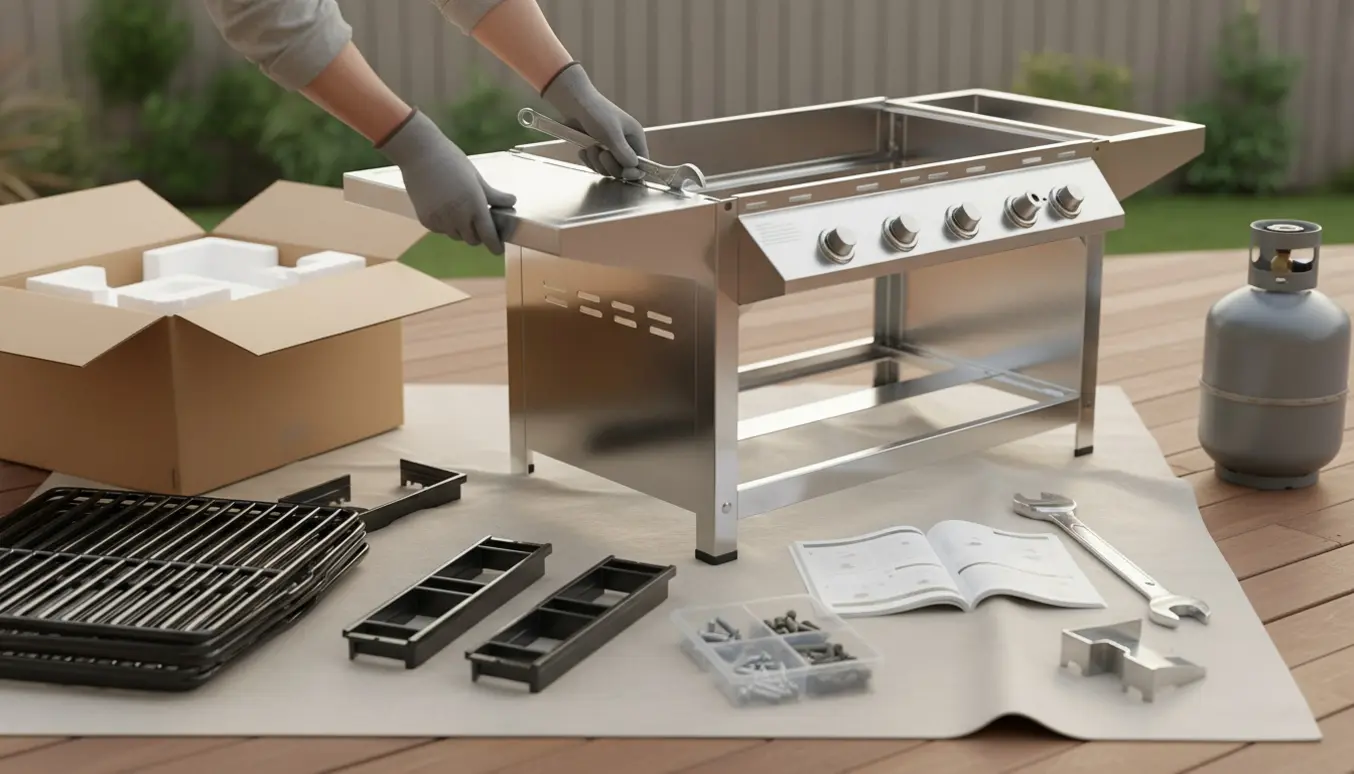 Delvist samlet kompakt gasgrill på terrasse med udpakning, værktøj og hænder, der samler den.