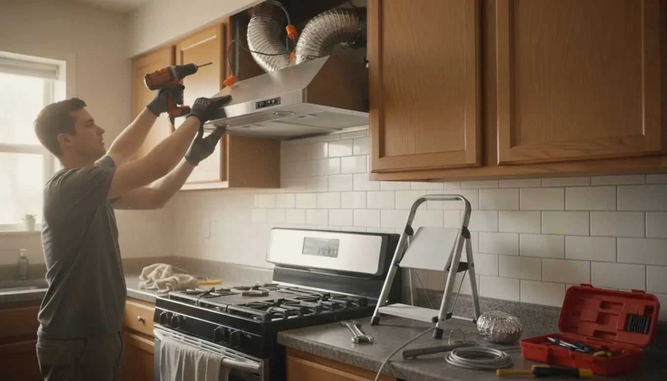 Håndværker installerer en ny motoriseret emhætte i et lyst enfamiliehus-køkken.
