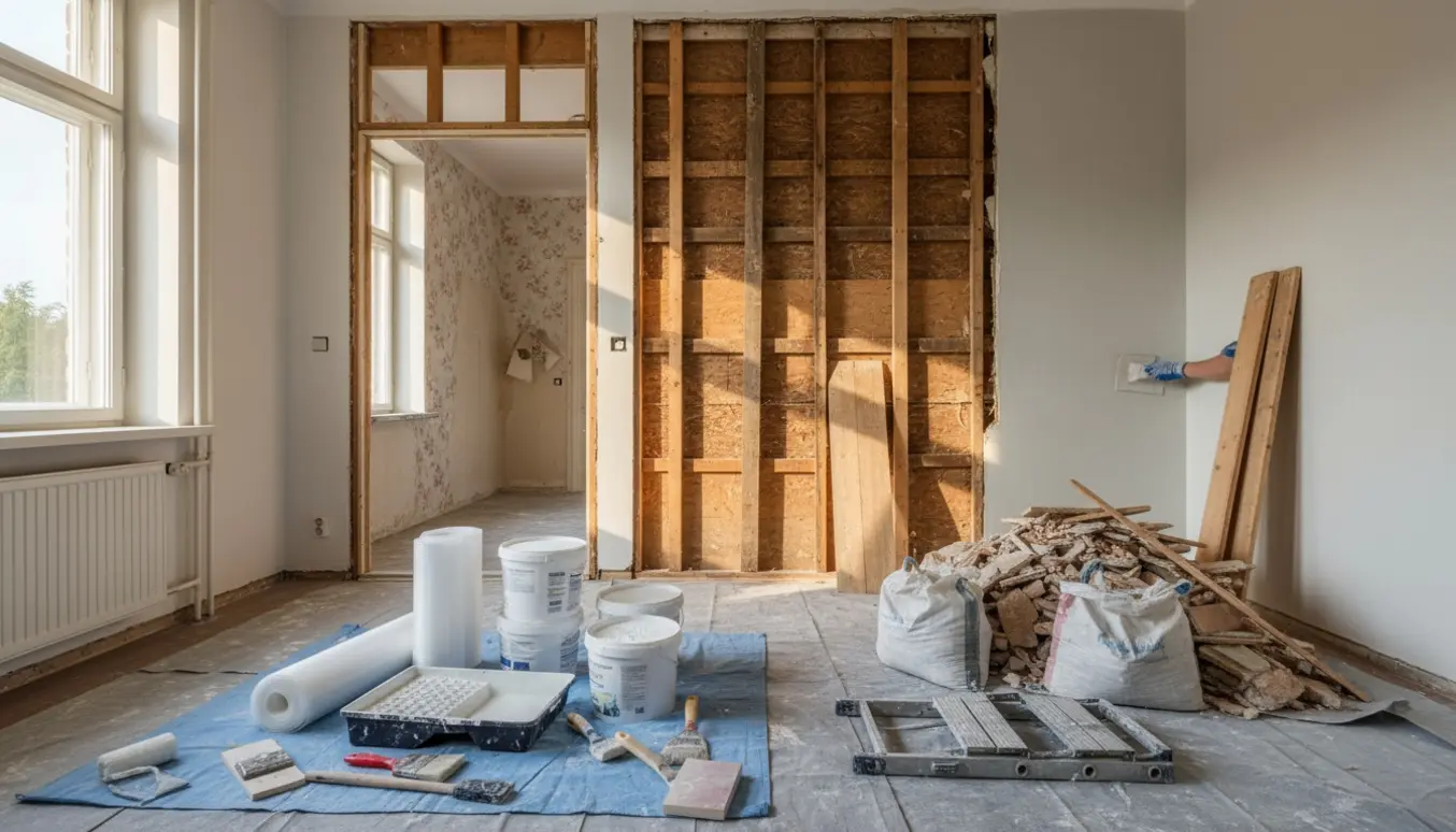 Interiør af lejlighed under mindre renovering med delvist nedrevet væg, genåbnet døråbning, afskallet tapet og malerværktøj på plads.