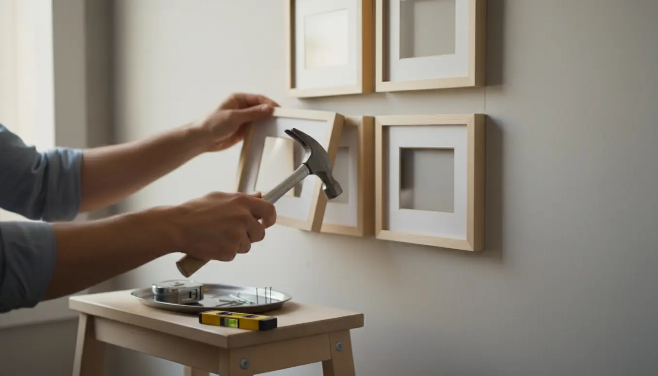 Hænder hænger fire små billedrammer op med hammer og søm på en neutral væg i dagslys.