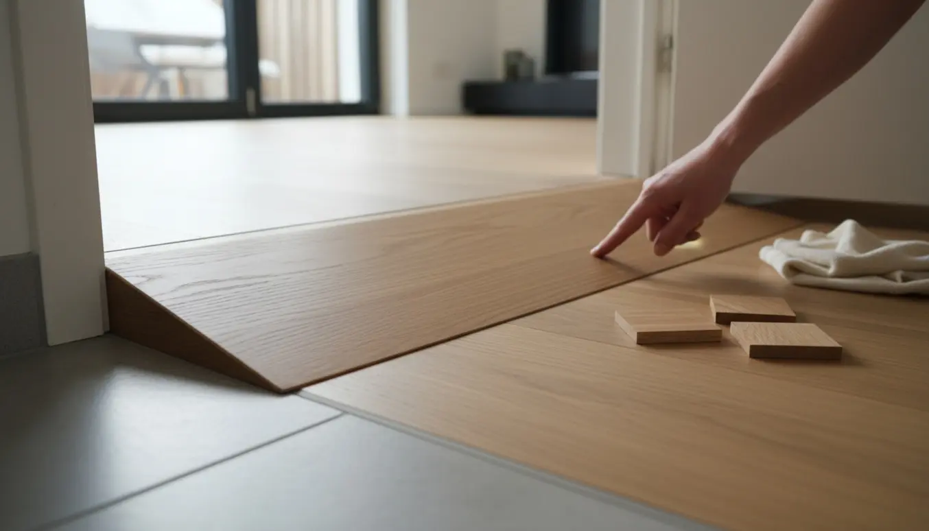 En olieret egetræskile ligger i døråbningen og danner en pæn overgang mellem køkkenfliser og højere trægulv.