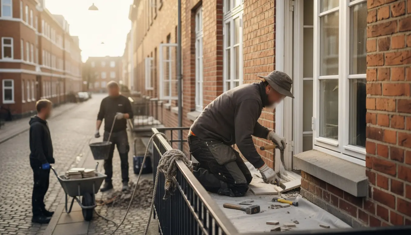 Håndværkere fjerner fliser fra en 1. sal og sender dem ned til en hjælper på gaden.