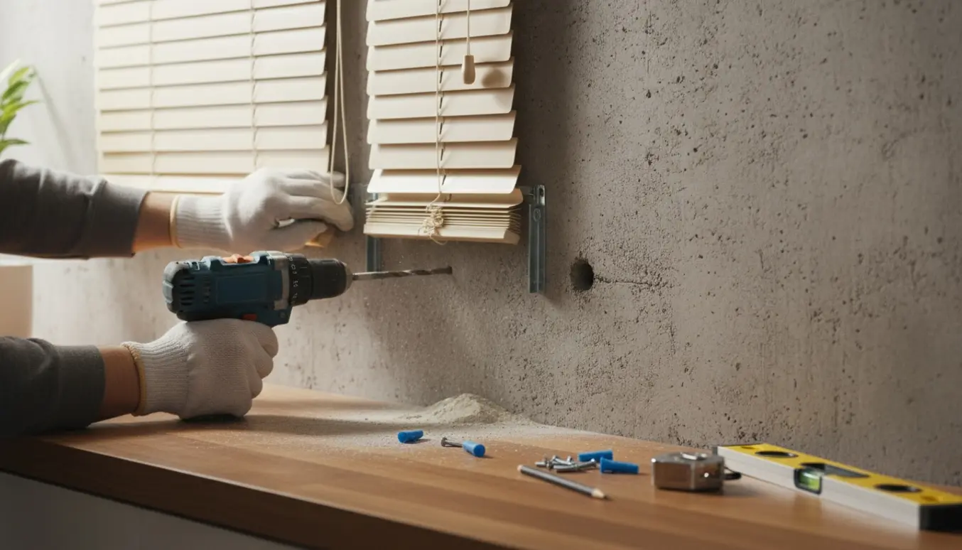 Nærbillede af ophængning af to persienner over køkkenbord på en betonvæg med boreværktøj og beslag.