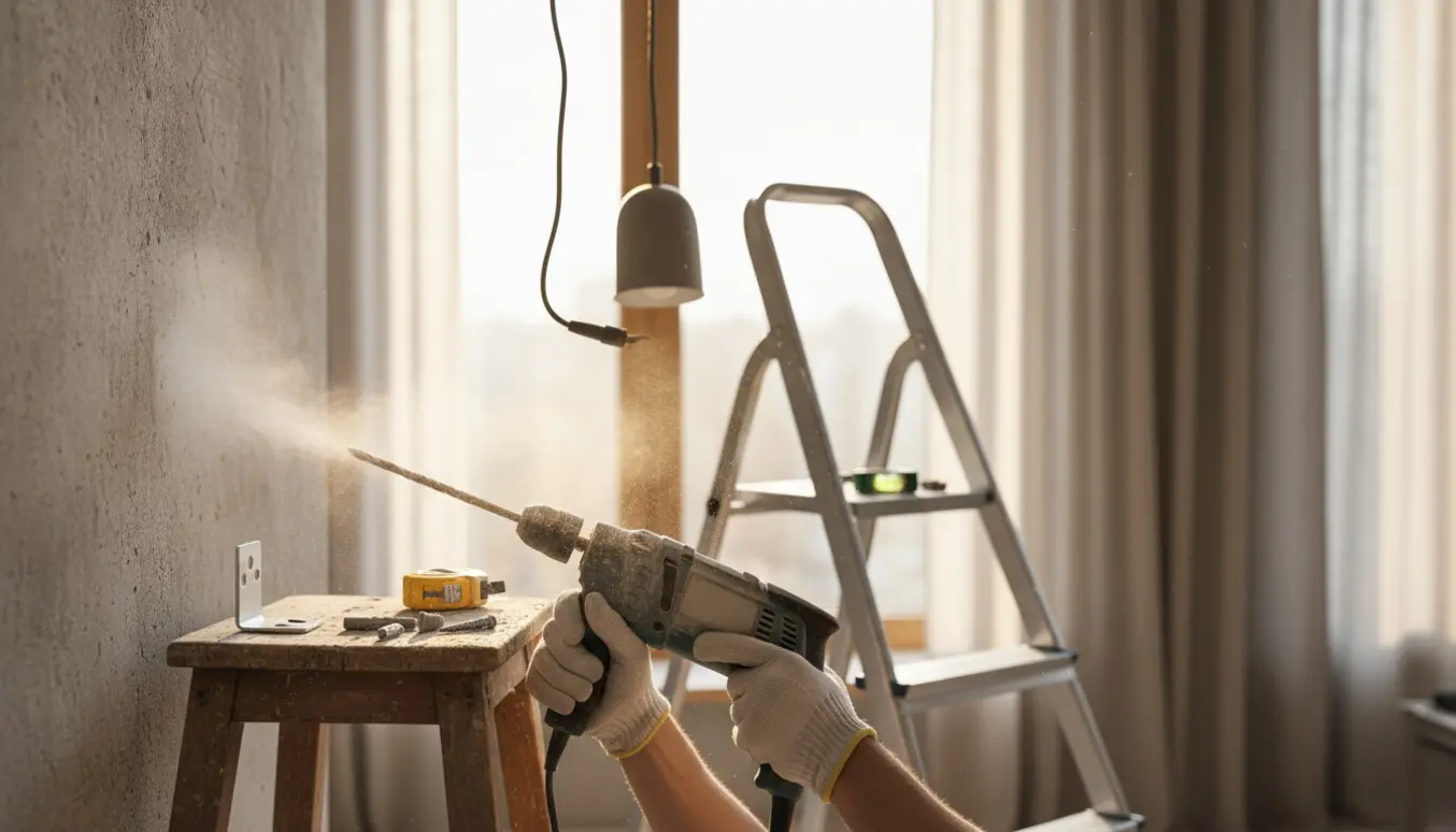 Håndværker på stige monterer lampe og gardinstang i beton med slagbor.