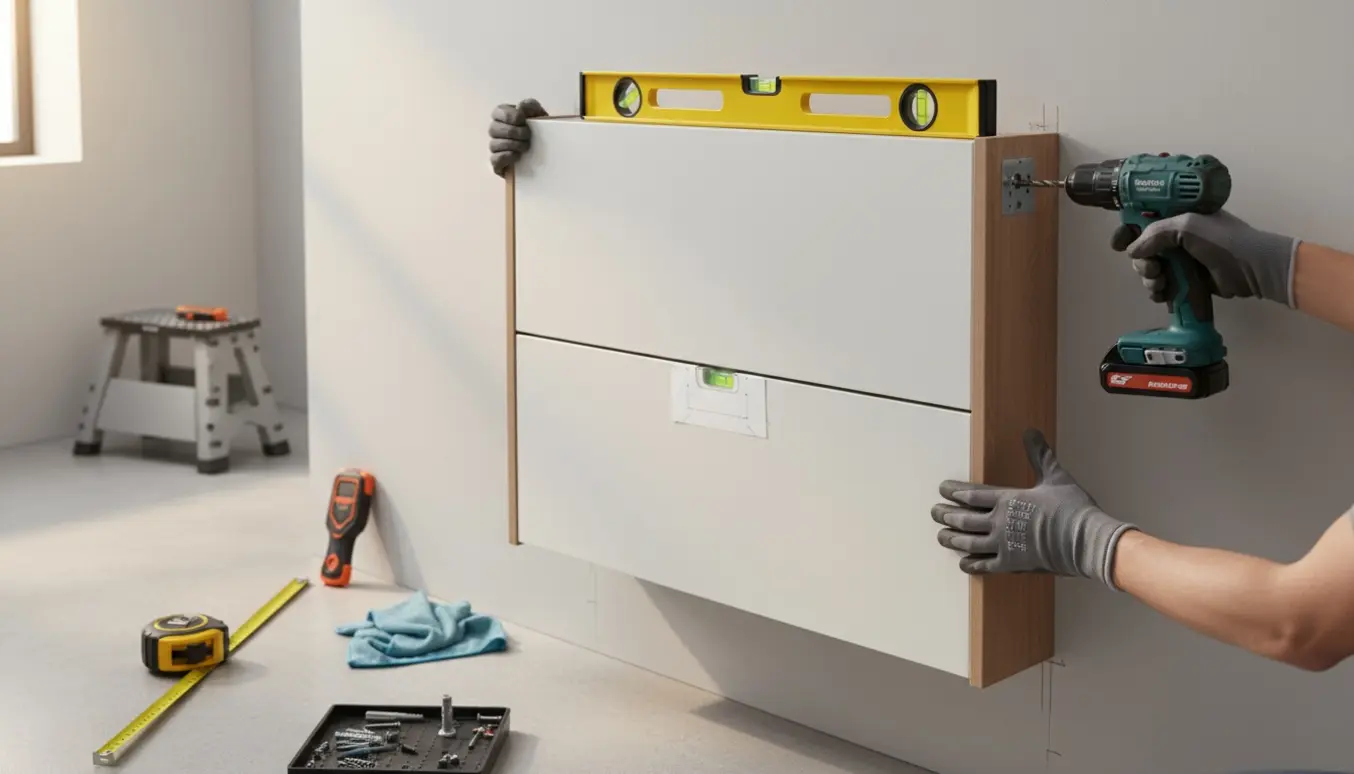 Nærbillede af hænder, der monterer et væghængt skoskab i en lys entré med værktøj og måleværktøj synligt.