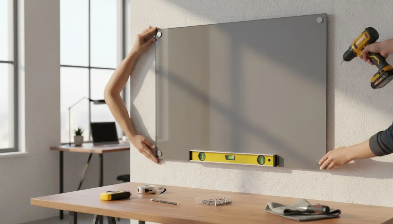 To hænder monterer et stort whiteboard på en kontorvæg med boreværktøj og værktøj på et skrivebord.