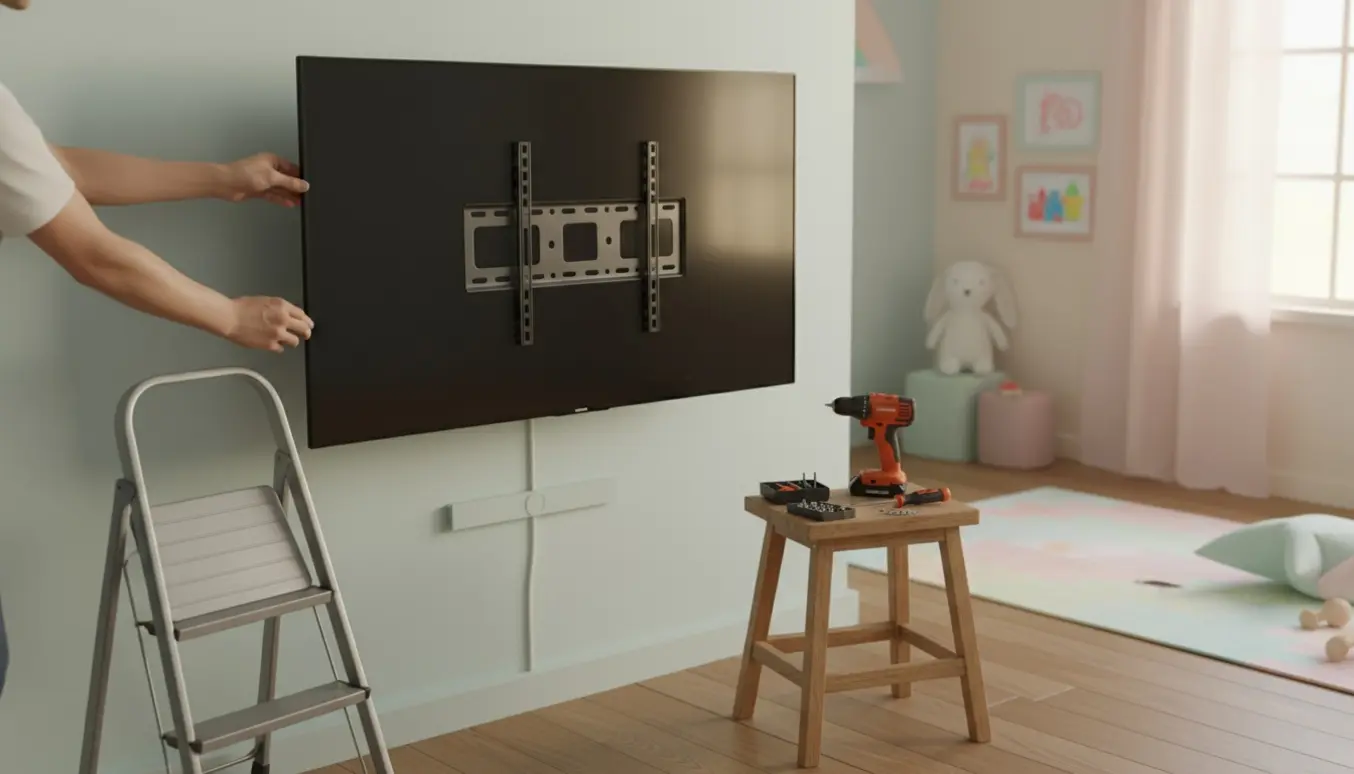 Et fladskærms-tv monteres på vægbeslag i datterens værelse med værktøj og legetøj i baggrunden.