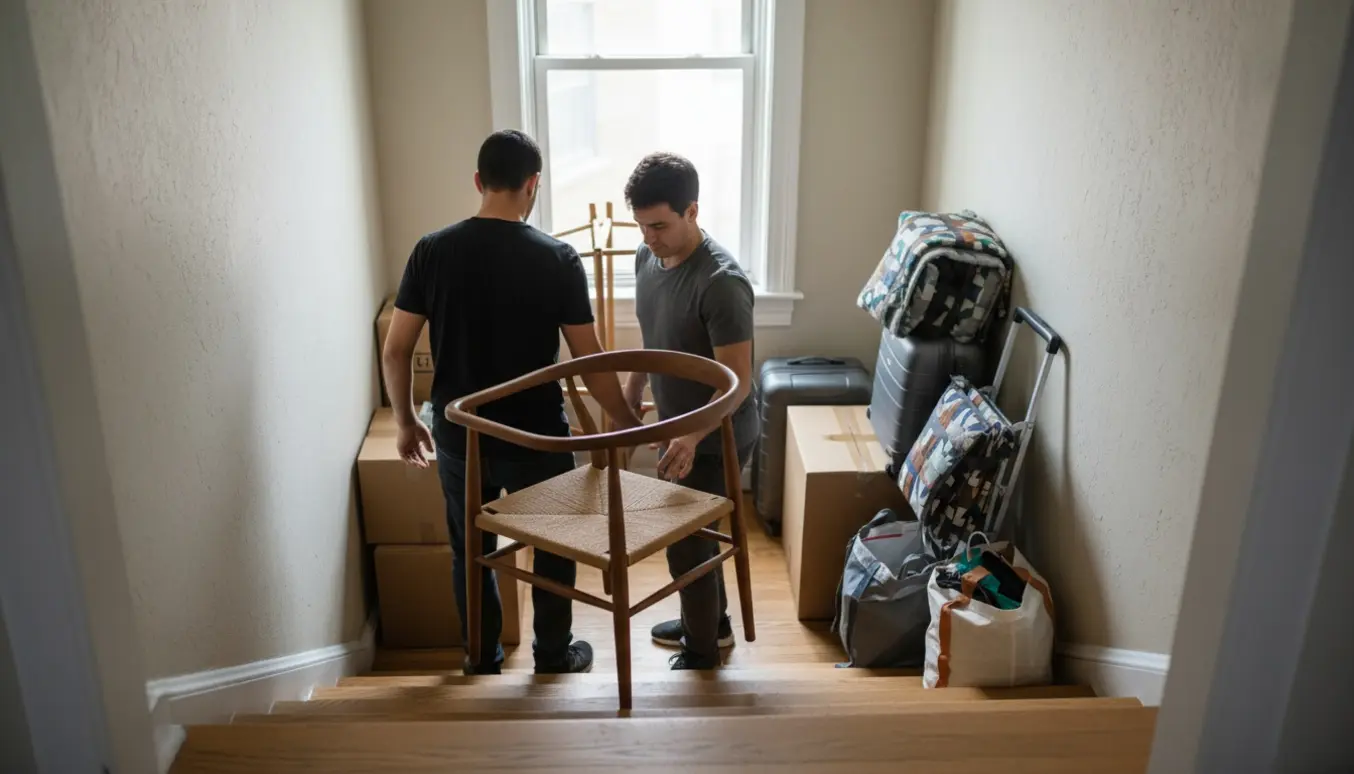 Flyttefolk bærer stole og kufferter ned ad en lys trætrappe med flyttekasser og flyttetasker på landingen.