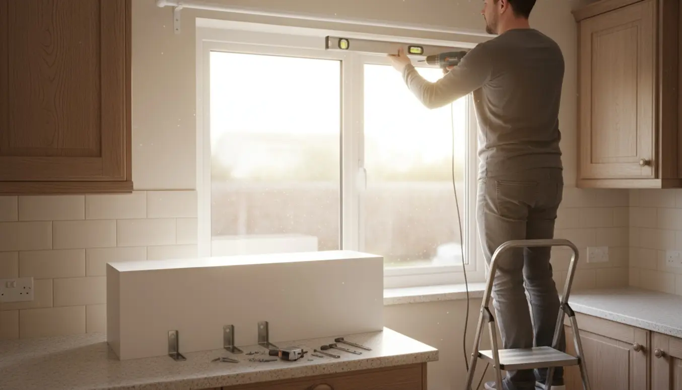 Hænder monterer en gardinstang i et lyst køkken med et lille toiletskab og værktøj på bordet.