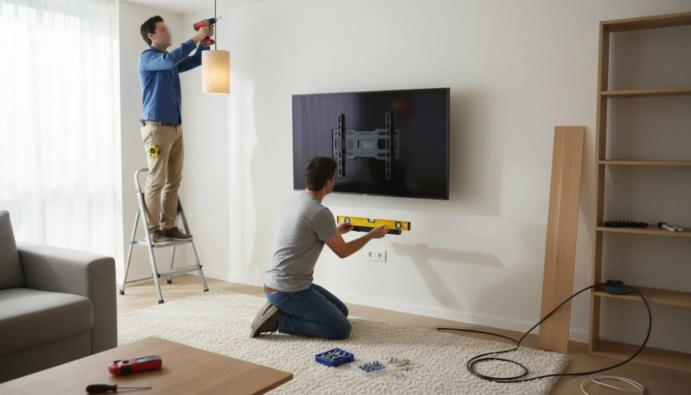 Hænder og værktøj monterer lamper og flytter et tv i en lys stue.