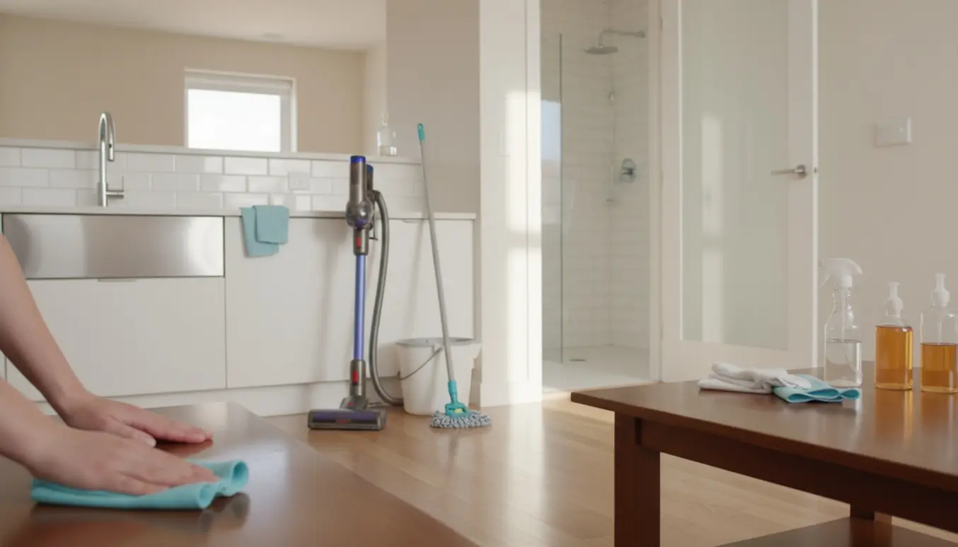 Hænder tørrer støv af på et sofabord i en lys, nyligt rengjort lejlighed med støvsuger, moppe og et skinnende køkken i baggrunden.