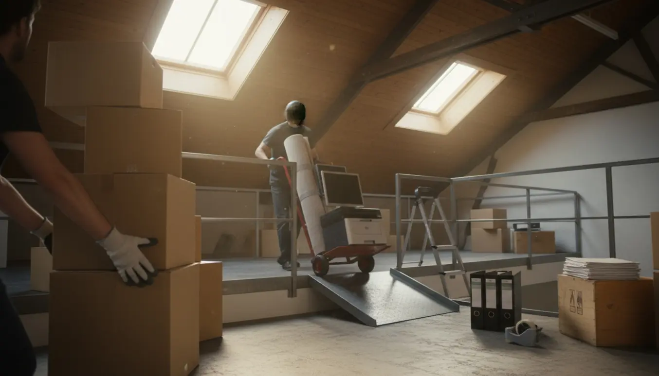 Personer flytter flyttekasser og kontorudstyr op på et lyst virksomhedeloft via stige og handtruck.