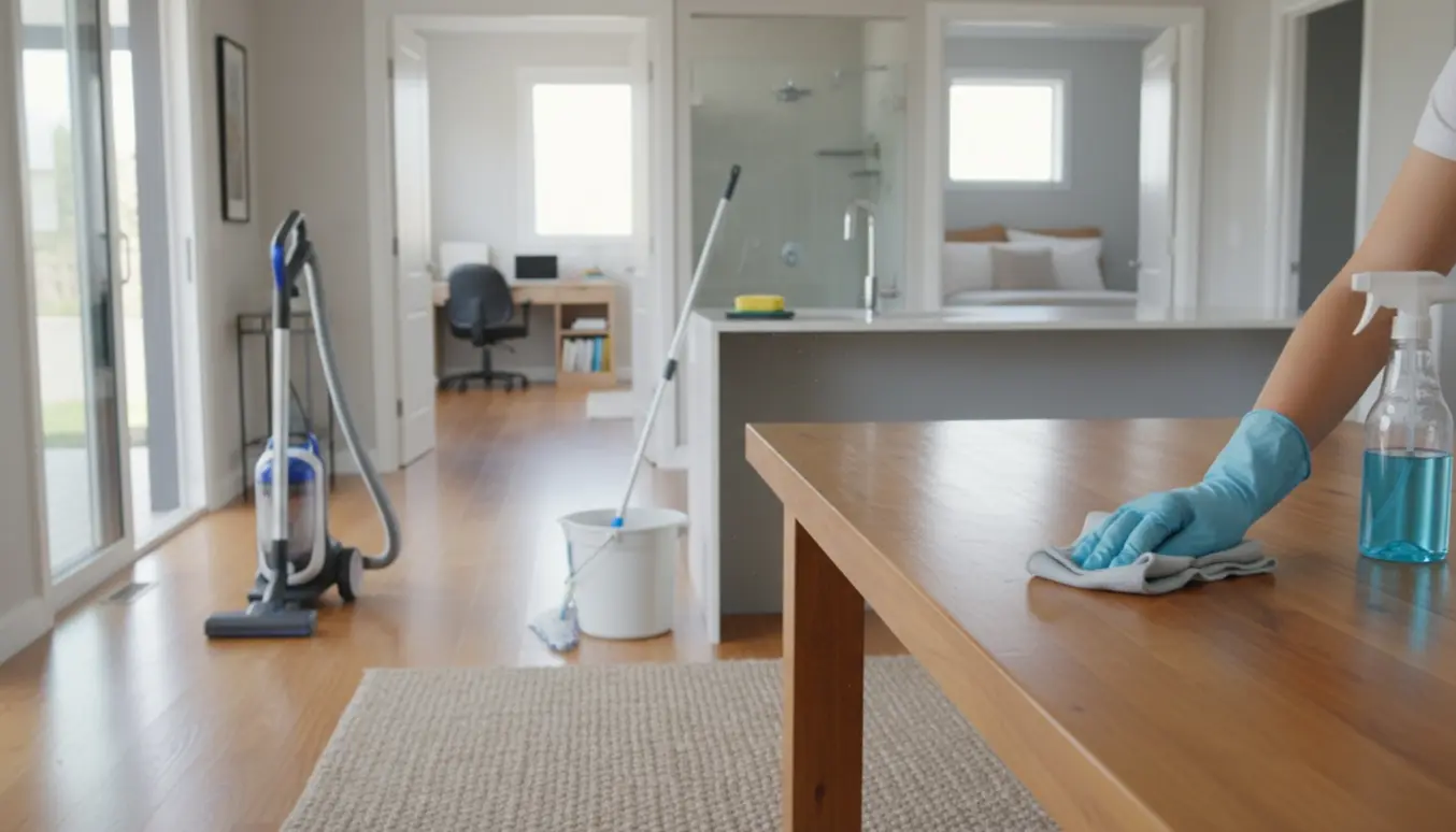 Handskerens hænder pudser et spisebord i et lyst, åbent parcelhus med rengøringsudstyr i baggrunden.