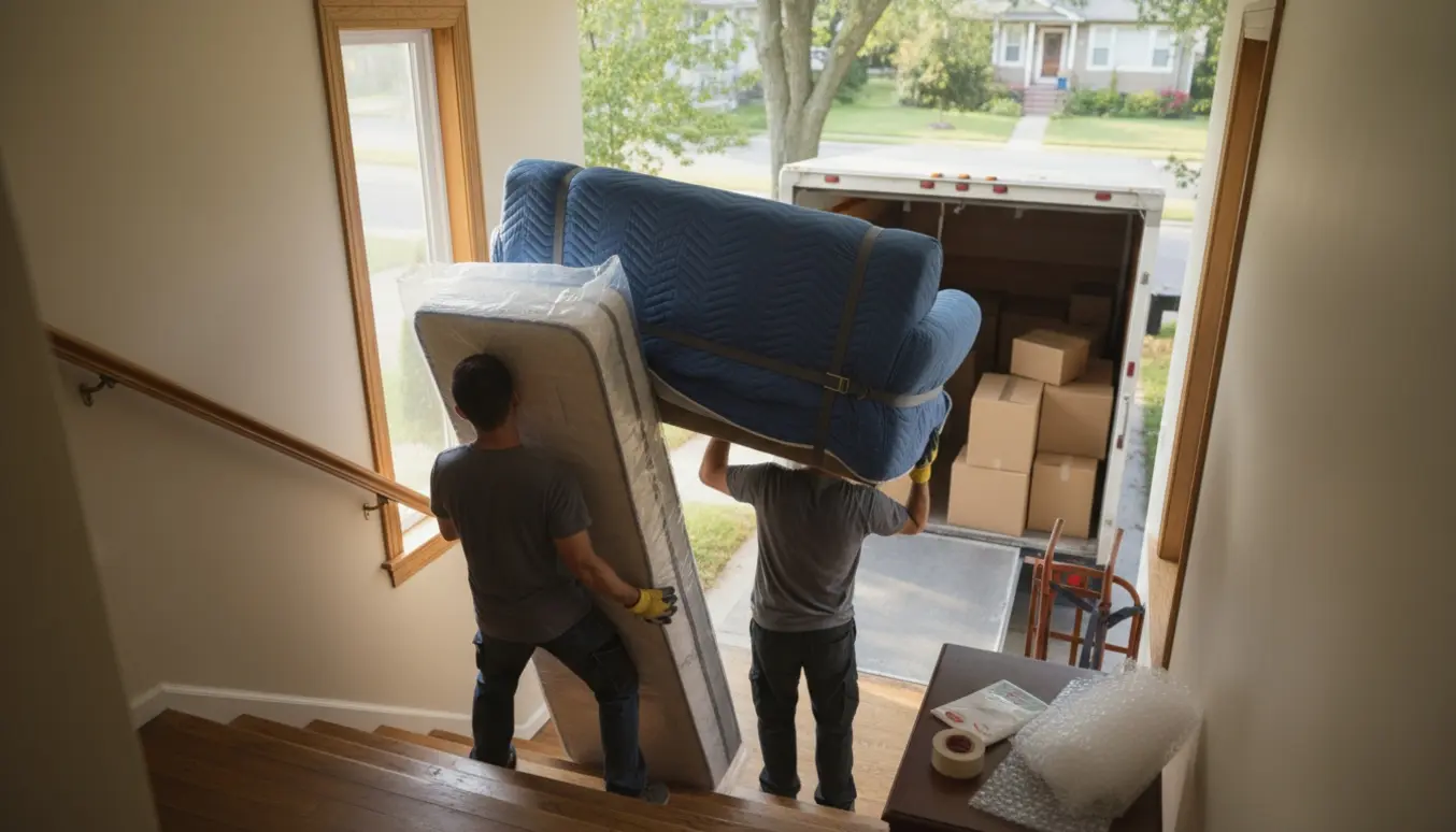 Flyttemænd bærer seng og sofa ned ad en smal trappe mod en åben flyttevogn med stakke flyttekasser.