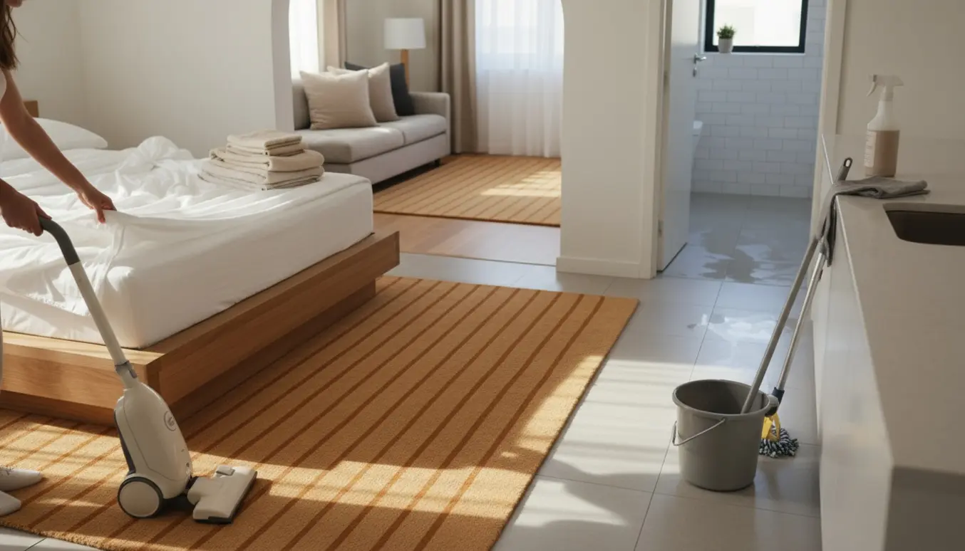 Lys lejlighed med støvsuger, moppespand, frisk skiftet sengetøj og rengøringsmidler.