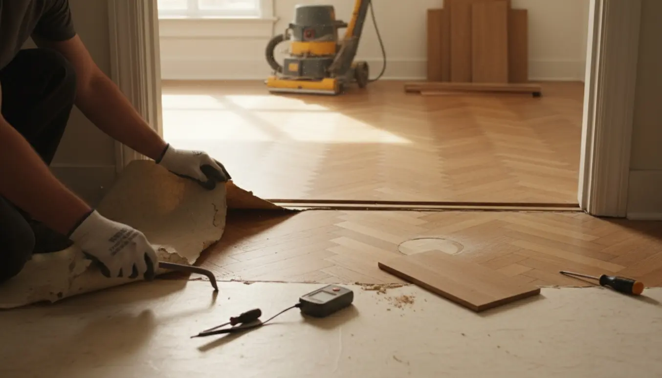 Delvist opslået linoleum i køkkenet afslører originalt parket med synlig revne i overgangen til stuen og værktøj omkring.