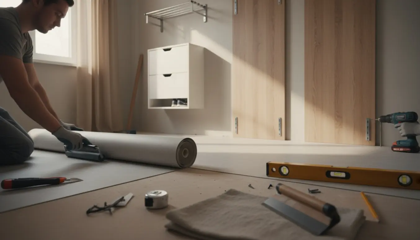 Håndværker lægger linoleum i et lille rum mens rumdelere, hattehylde og skoskab bliver monteret.