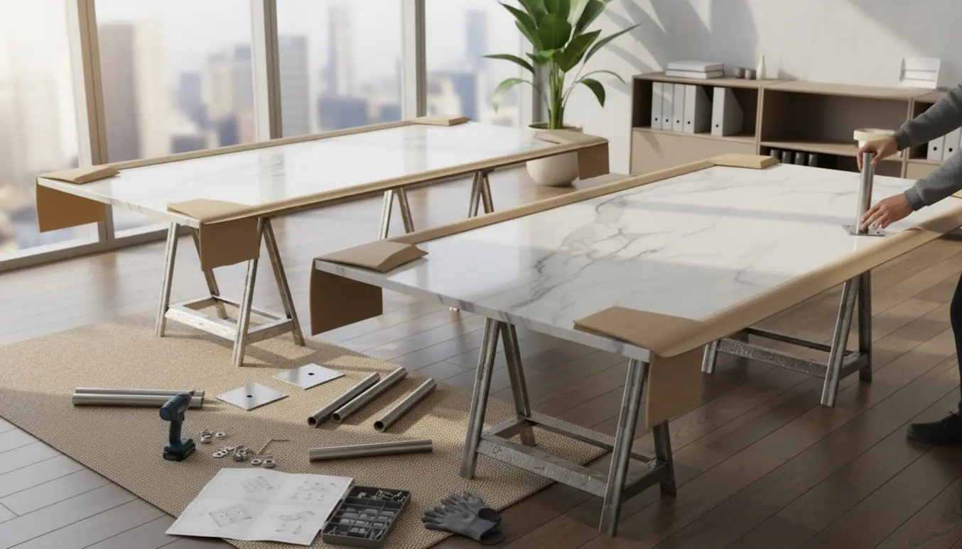 To aflange marmorbordplader i emballage i et lyst kontor med bordben og værktøj klar til samling.