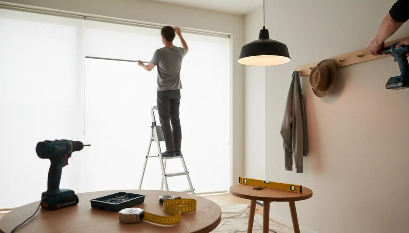 Hænder monterer rullegardin, knagerække og lampe i et lyst, moderne rum.