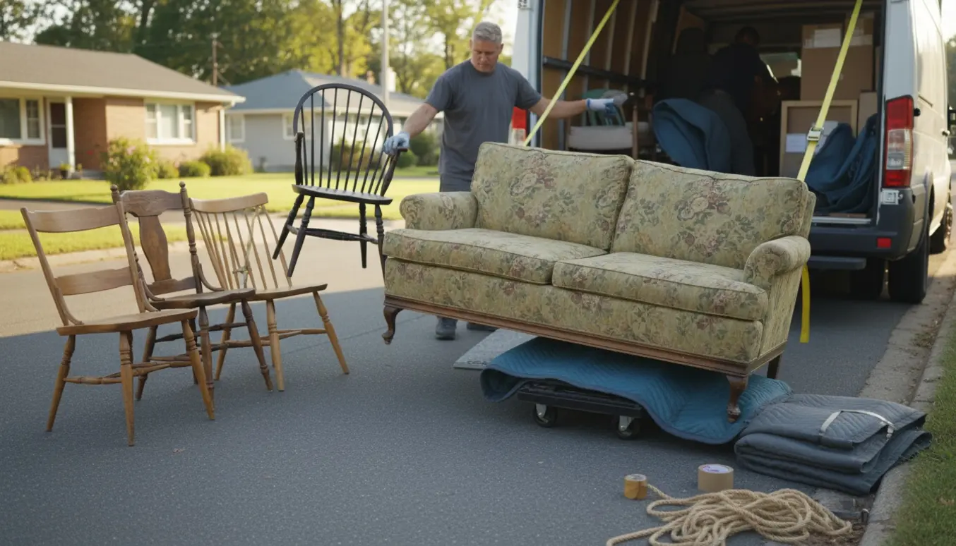 Gammel to-personers sofa og fire stole læsses i en flyttevogn, kun hænder og arme er synlige.