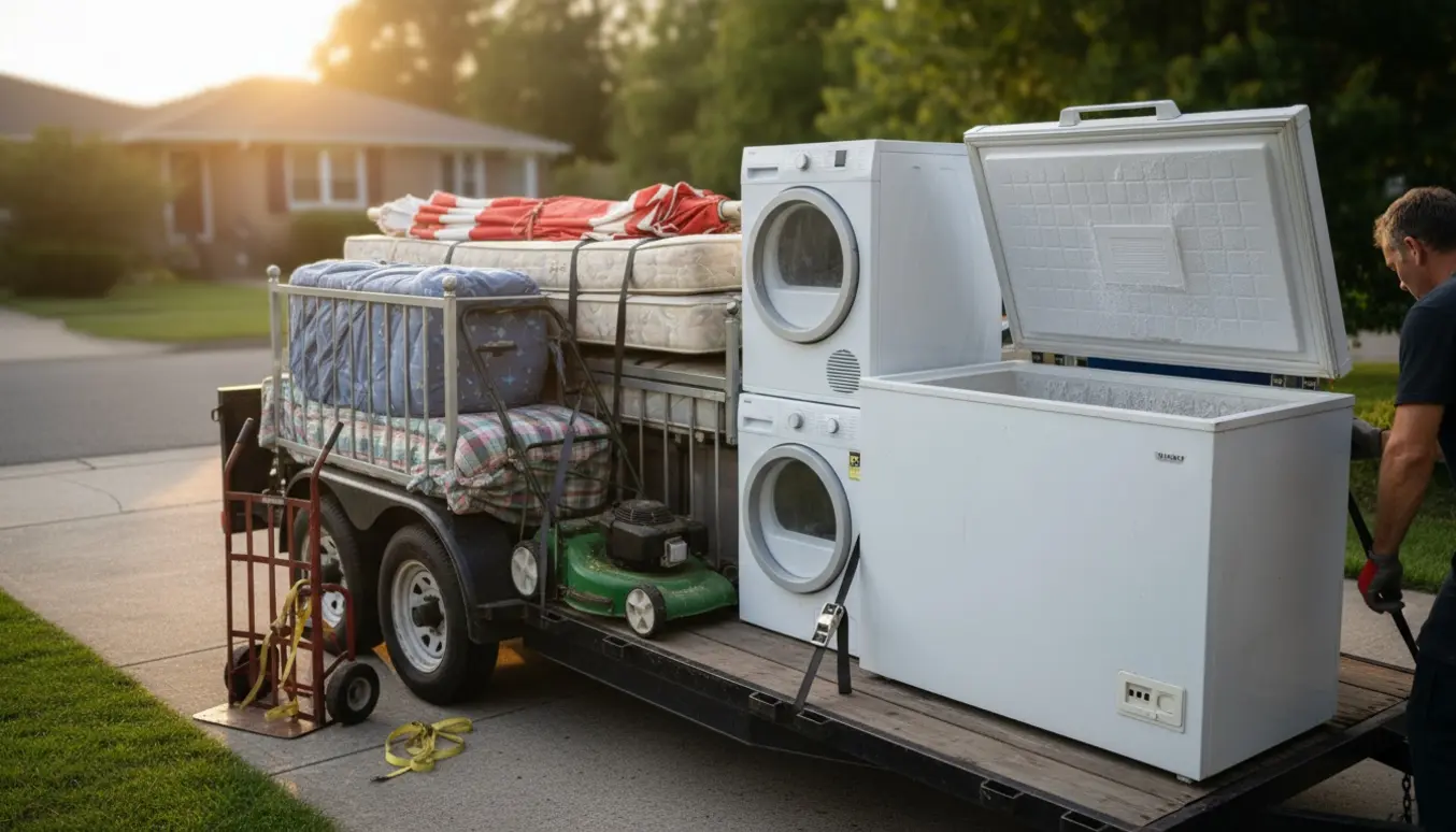 Trailer fyldt med storskrald: kummefryser, tørretumbler, senge, plæneklipper og en foldet markedsparasol klar til skrot.