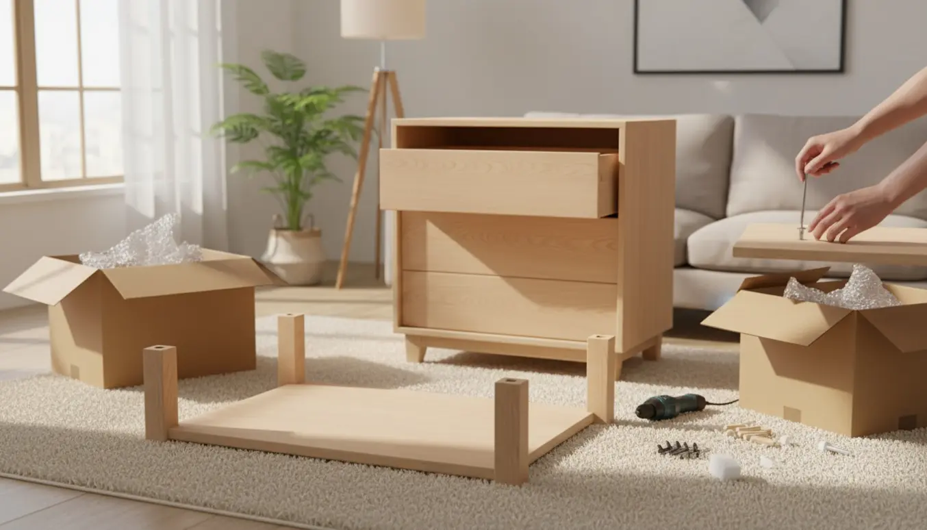 Delvist samlet kommode og sofabord i en lys stue med værktøj og emballage.