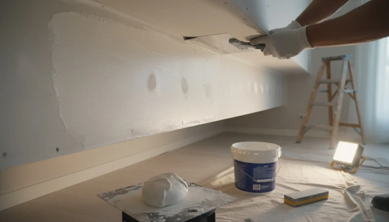 Hænder spartler en nymonteret gipskasse ved loftet med spartel og værktøj i forgrunden.