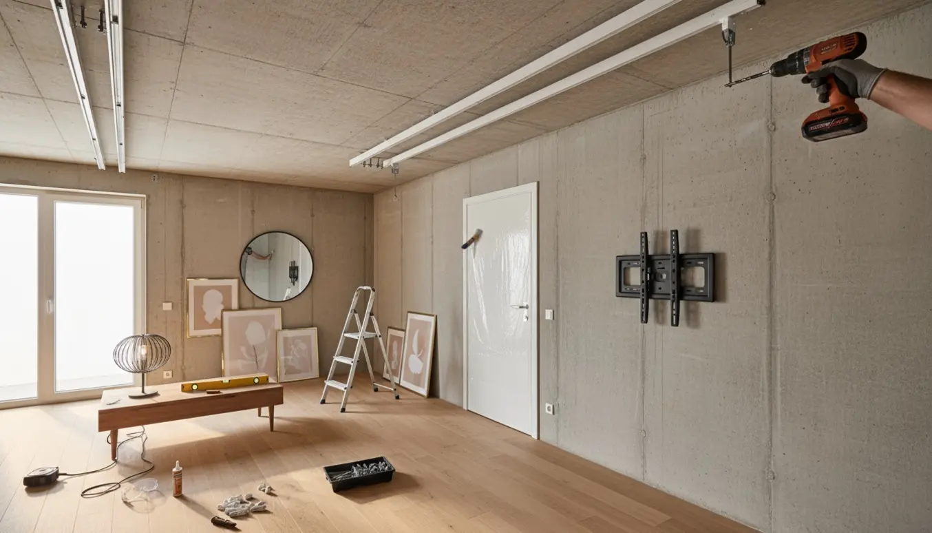 Montage af gardinskinner, billeder og tv-beslag på betonloft og -væg med værktøj og montør uden synligt ansigt.