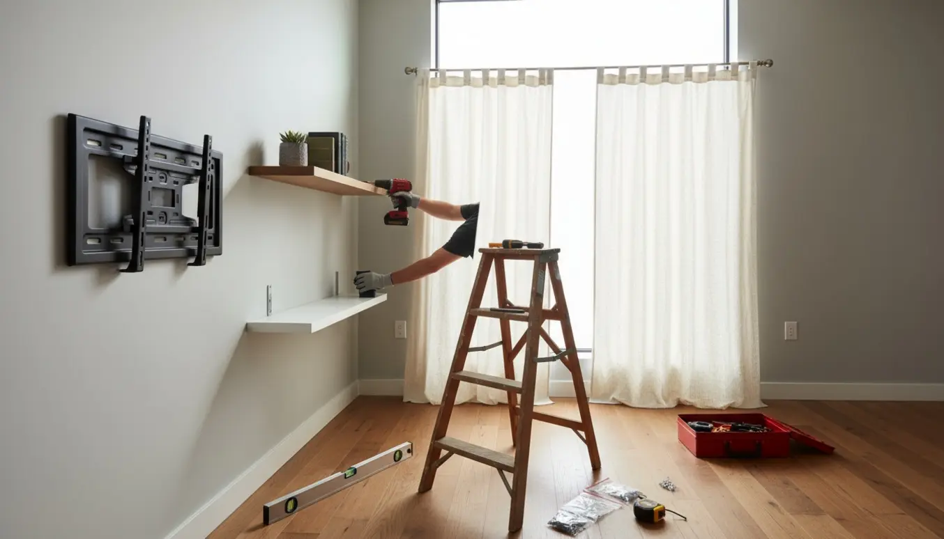 Nærbillede af hænder, der monterer en hylde og gardinstang i en lys stue med værktøj omkring.