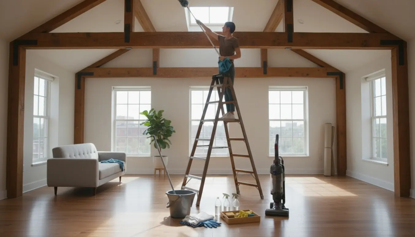 En stige i en lys lejlighed med høj loft til kip, hvor der udføres hovedrengøring med moppe og klud.