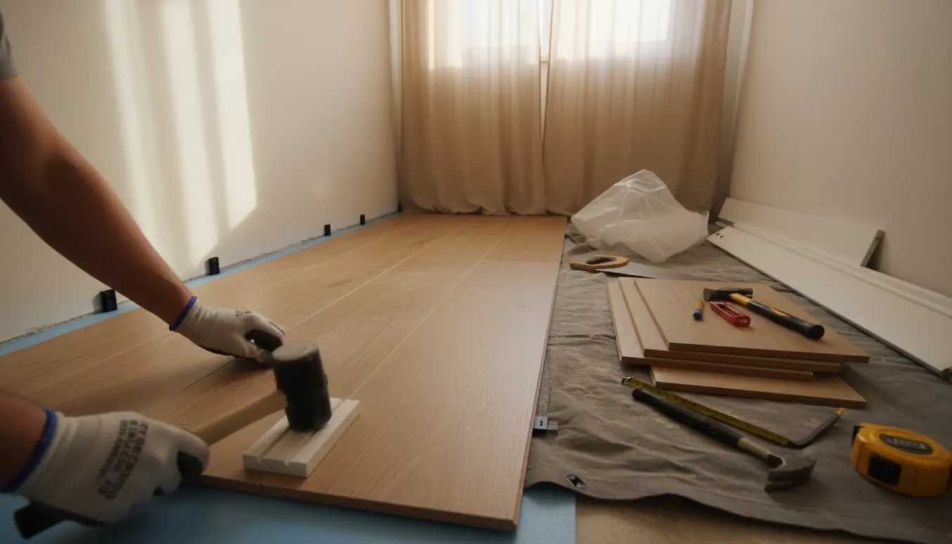 Delvist lagt plankegulv i et lille soveværelse med værktøj og stak planker i varmt dagslys.