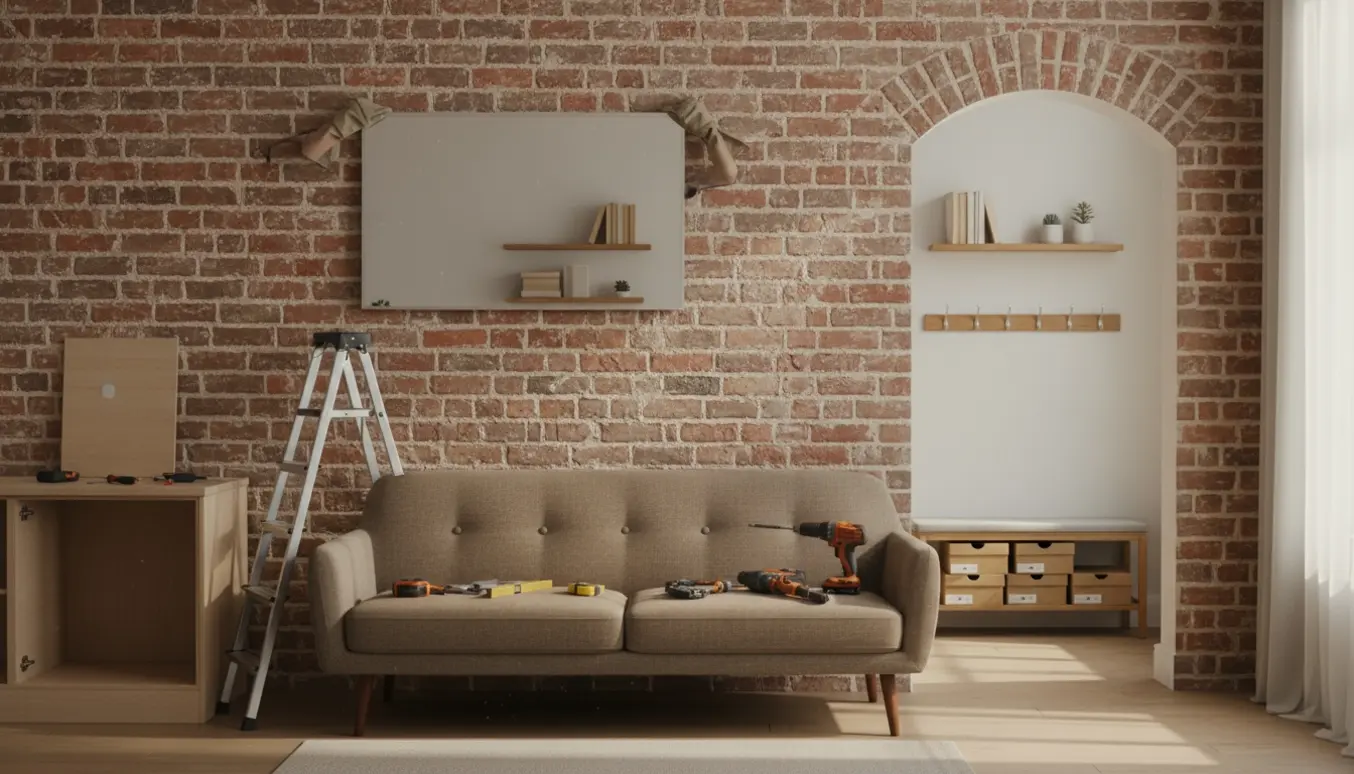 Hænger et spejl op på en murstensvæg med boremaskiner og værktøj, hylder og skokasser i baggrunden.