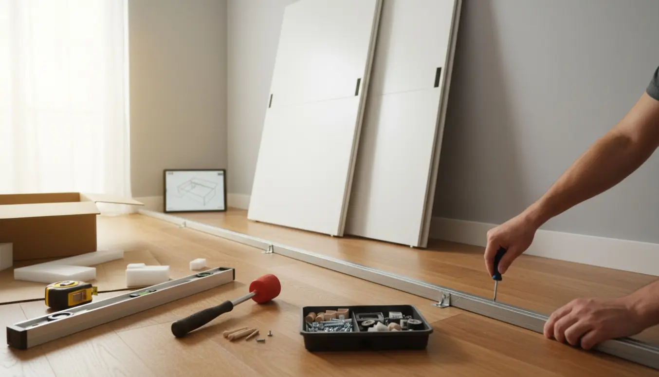 Delvist samlet IKEA PAX-garderobe med skyvedøre, værktøj og monteringsdele på et lyst soveværelsesgulv.