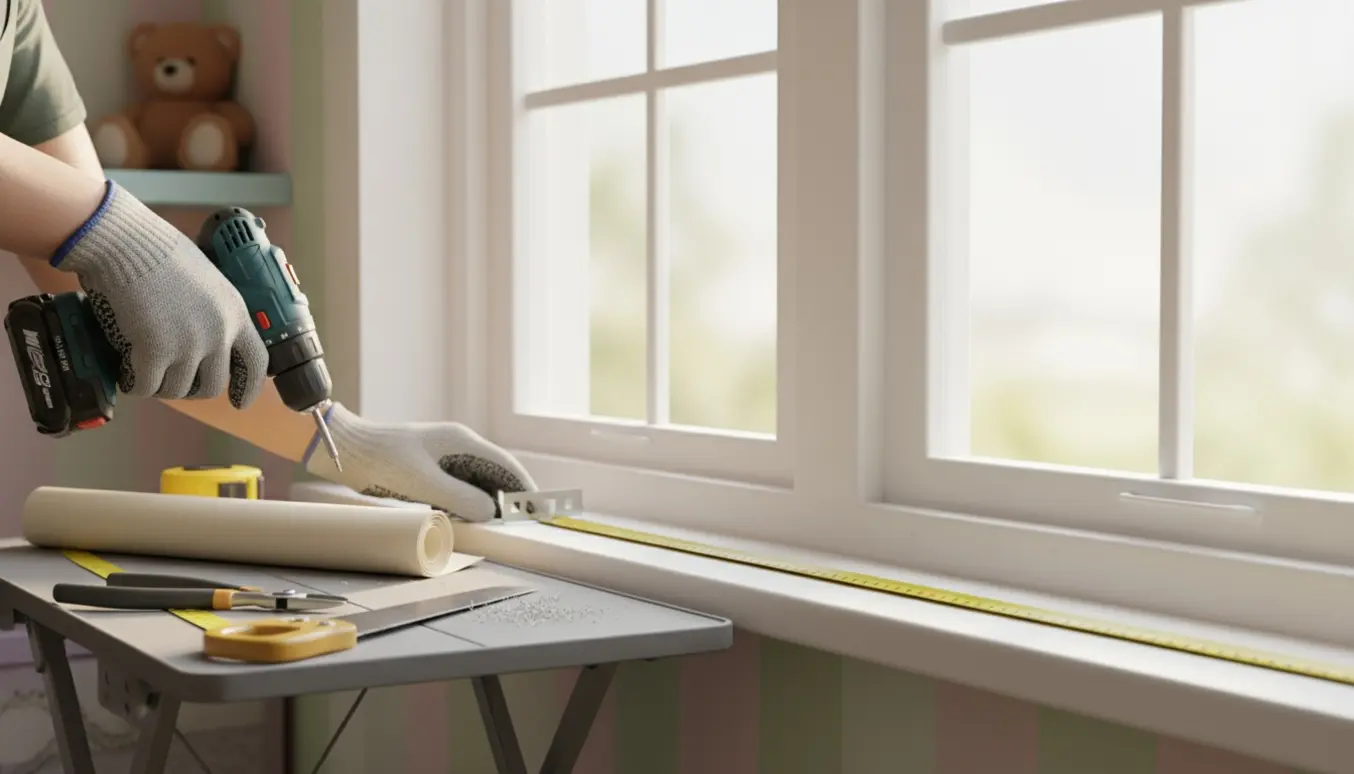 Nærbillede af montering af rullegardin i et børneværelse med bor, beslag og målebånd ved et bredt vindue.