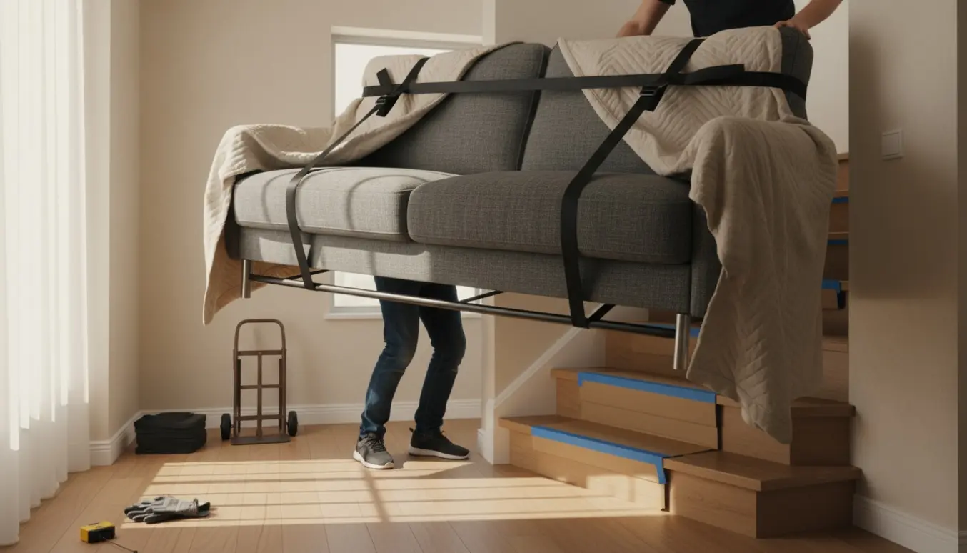 To flyttefolk løfter en sovesofa op ad en smal trappe til 1. sal med flyttetæpper og stropper.