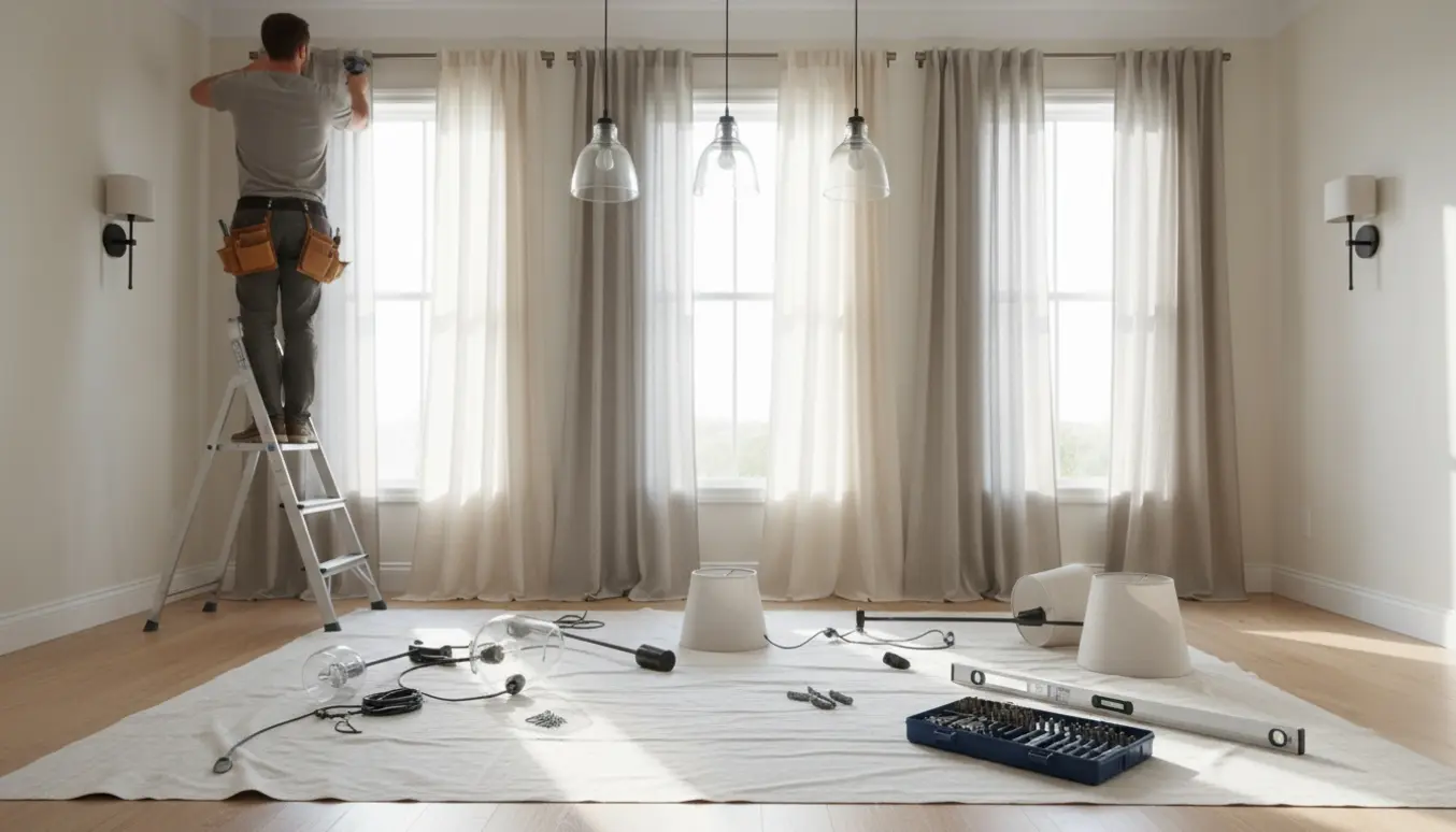 Håndværker på en stige bruger en boremaskine til at opsætte gardinstænger ved flere vinduer, mens lamper og værktøj ligger klar.