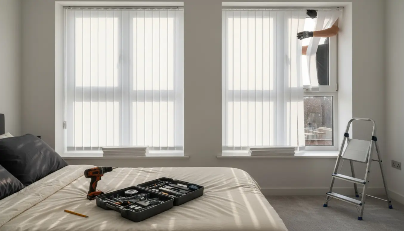 Soveværelse hvor to lamelgardiner er ved at blive monteret med boremaskine og værktøj.