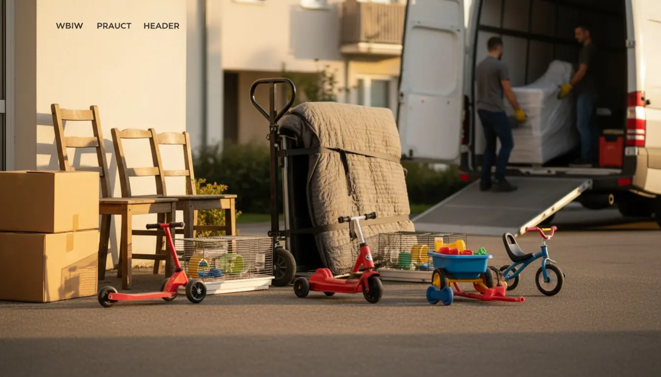 Kartoner, fire stole, en fladskærm, løbehjul og hamsterbure stablet ved en varebil klar til afhentning.