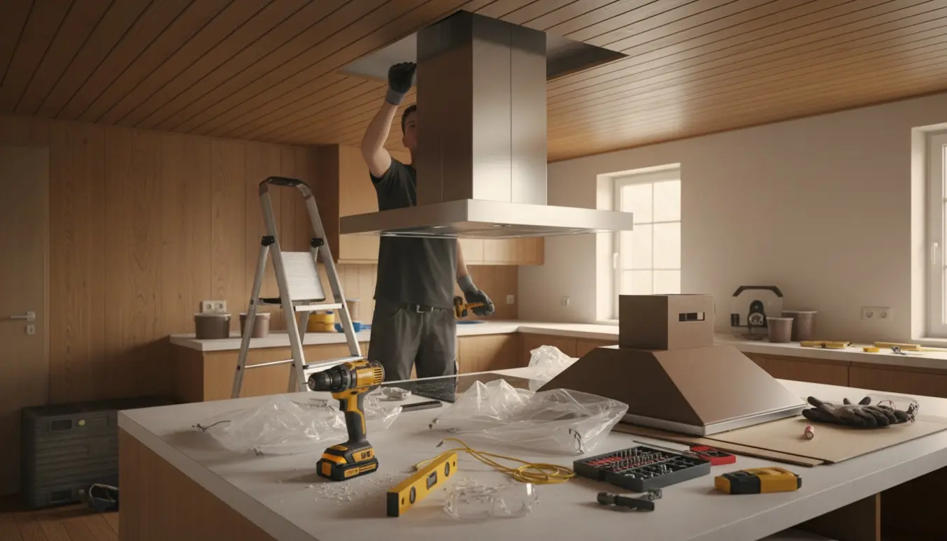 Installering af en ny 90 cm loftemhætte i et 70'er køkken, med værktøj og den gamle emhætte klar til bortskaffelse.