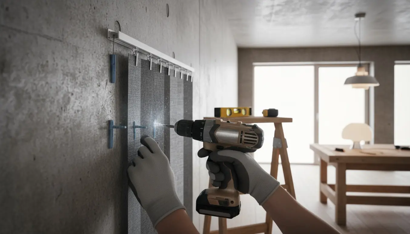 Hænder monterer to lamper og sætter lamelgardiner op på en betonvæg i et lyst rum.