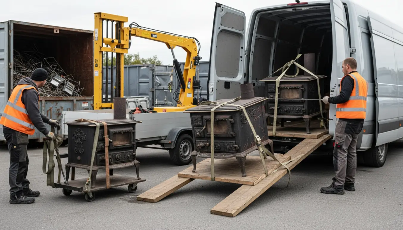 To gamle støbejernsbrændeovne læsses på en varevogn og trailer ved en genbrugsplads.