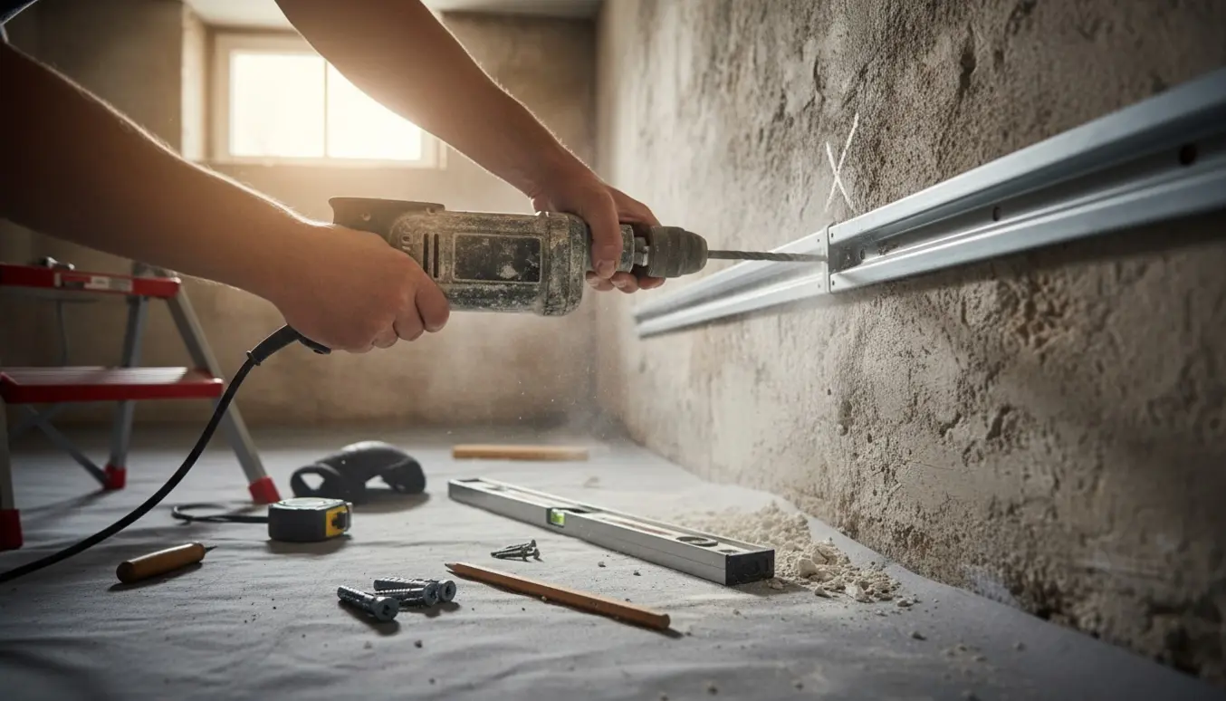 Detaljeret foto af hænder, der prøver at bore en vægskinne op i et lavloftet kælderrum med boremaskine og måleværktøj i forgrunden.