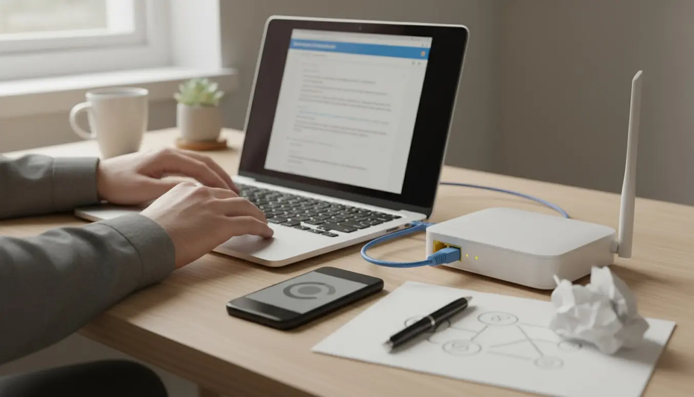 Bærbar på et hjemmekontor ved siden af en router og en telefon, hvor forsendelse af e‑mail fejler efter skift af internetudbyder.