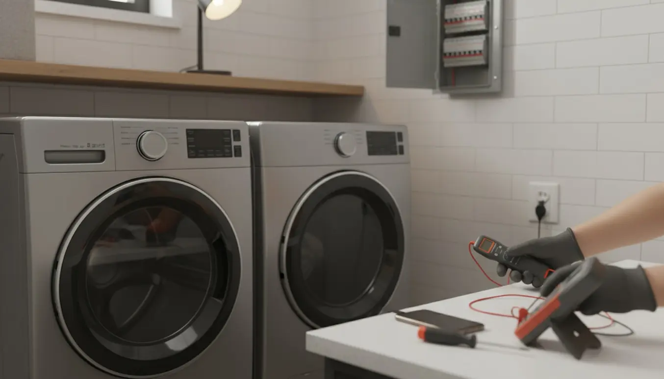 Hænder tester stikkontakt ved en slukket vaskemaskine og tørretumbler i et lyst vaskerum.