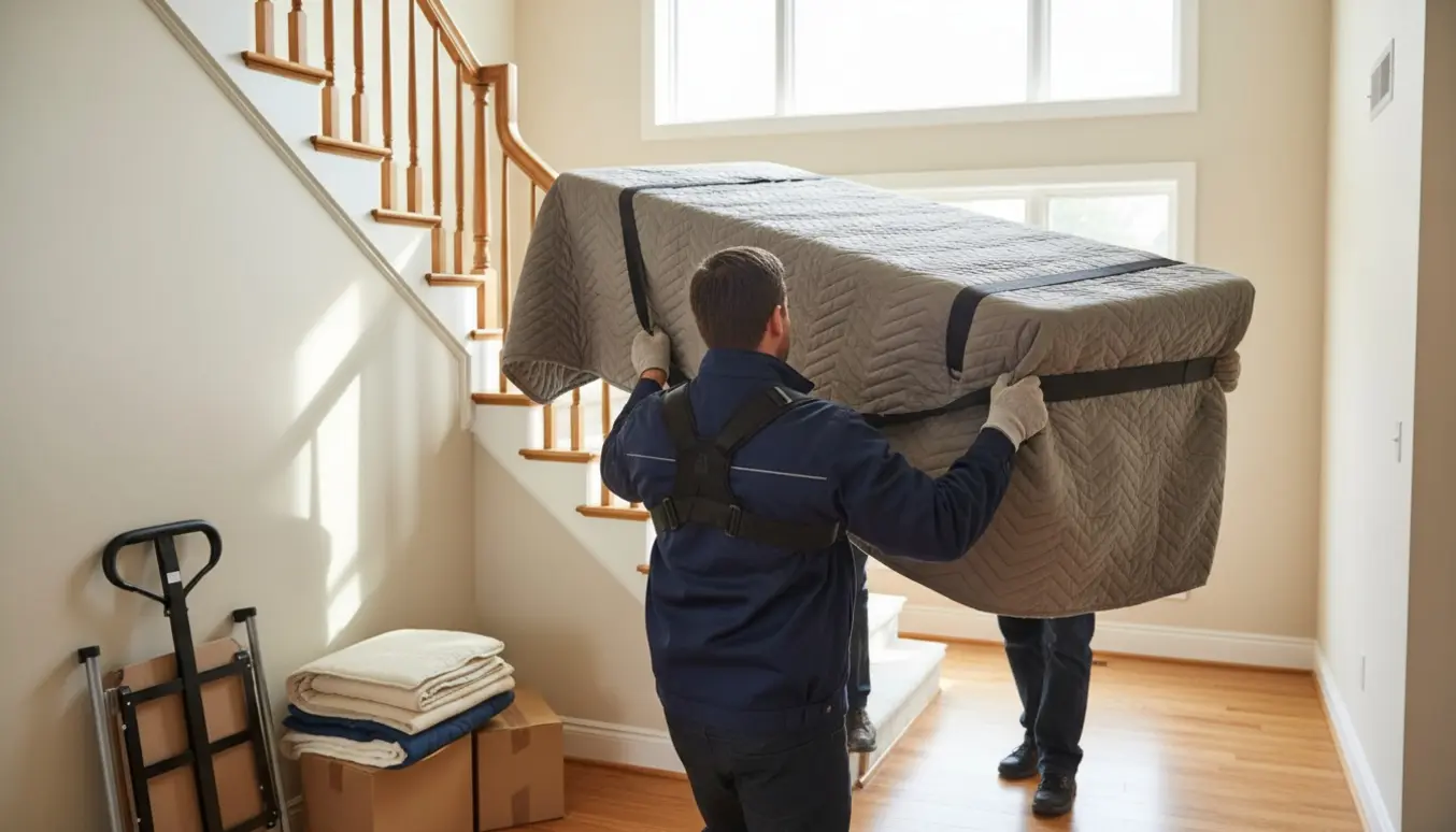 To personer bærer et stort indpakket bord op ad trappen til anden sal i et lyst hjem.