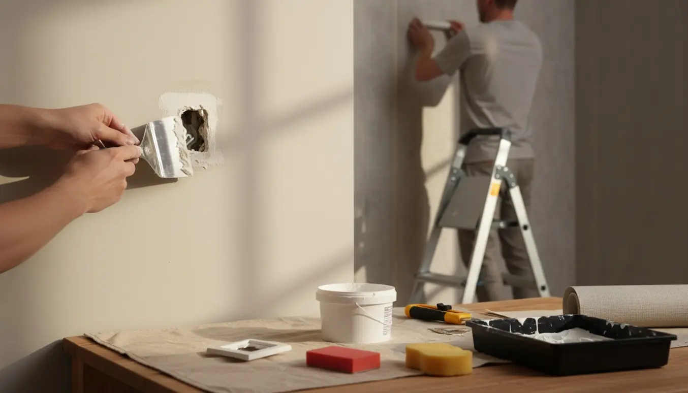 Hænder spartler hul efter en gammel stikkontakt, mens en person i baggrunden retter en boble i loftstapetet.