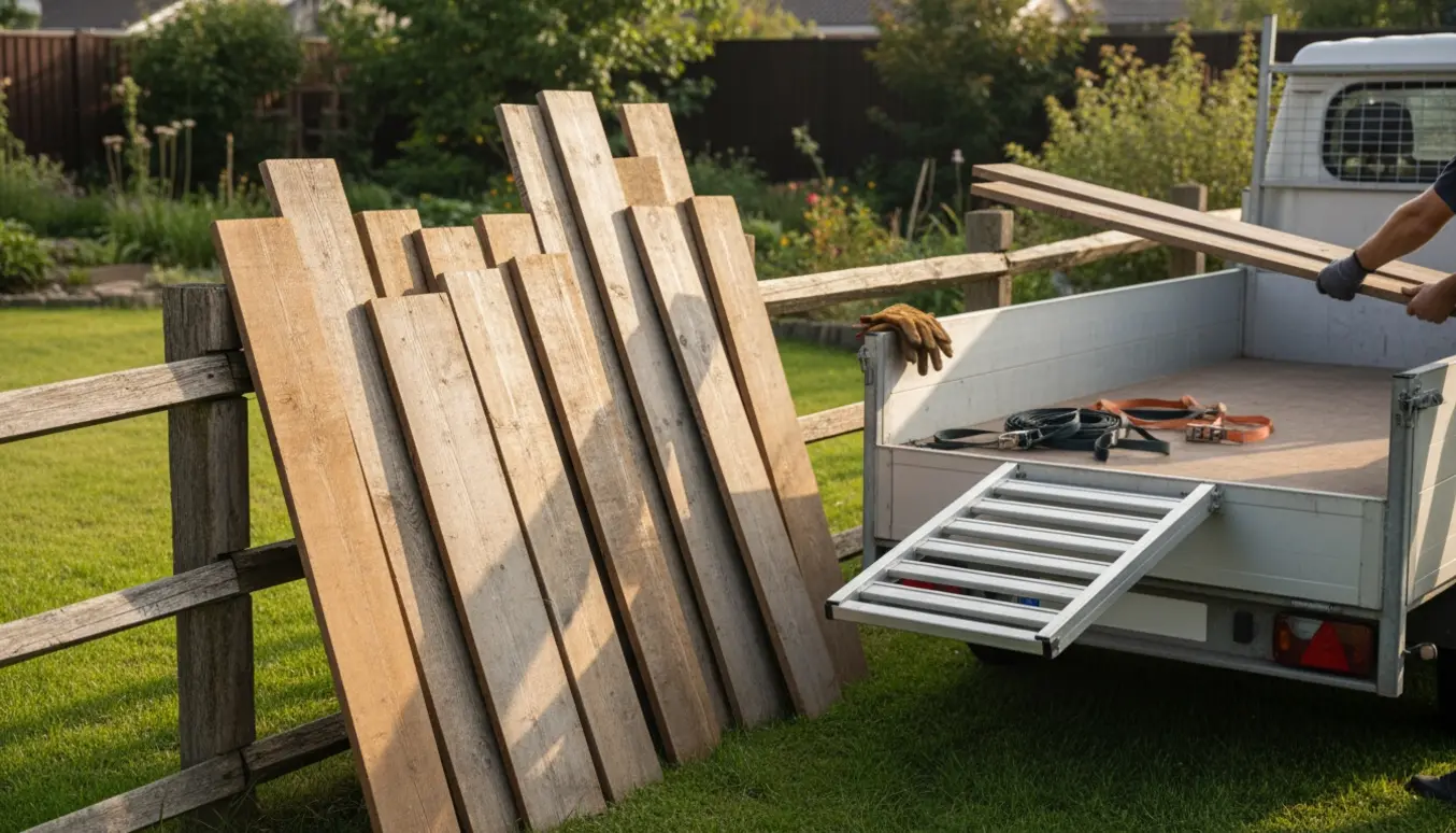 Lange brædder lænet op ad et raftehegn ved en trailer klar til bortkørsel.