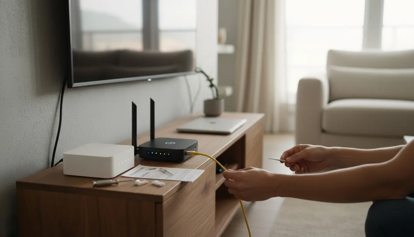 Nærbillede af hænder, der tilslutter router og kabler til et vægmonteret tv i en lys stue.