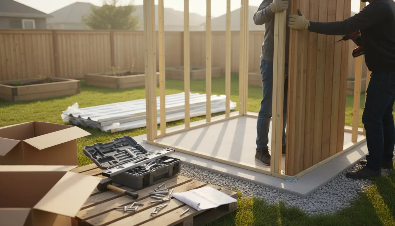 Nærbillede af hænder, der monterer et færdigkøbt redskabsskur i en have med værktøj og skurpaneler omkring sig.