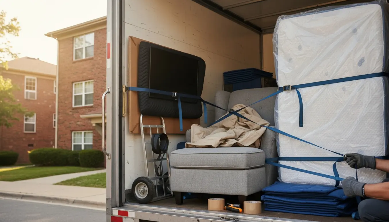 Åben flyttevogn med lænestol og skammel, en enkeltmadras med topmadras og en indpakket fladskærm klar til transport.